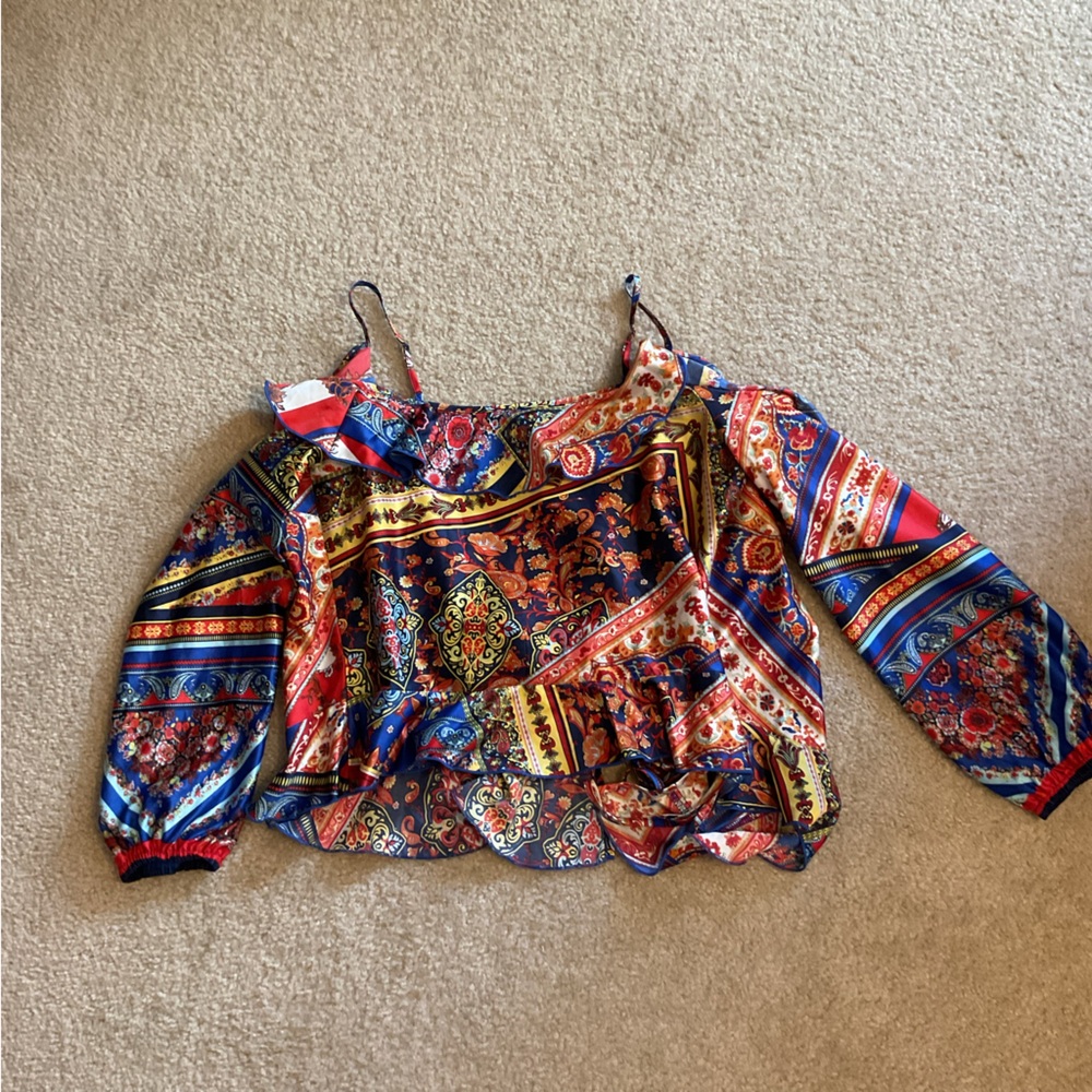 Venus Wrap Satin Blouse Print Cold Shoulder Peplum New Colorful Women’s Size 8 M - Picture 3 of 11